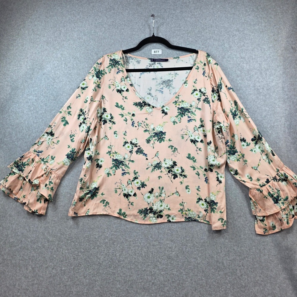 Violeta by Mango Womens Floral‎ V-Neck Blouse Peach Ruffle Bell Sleeve Size M